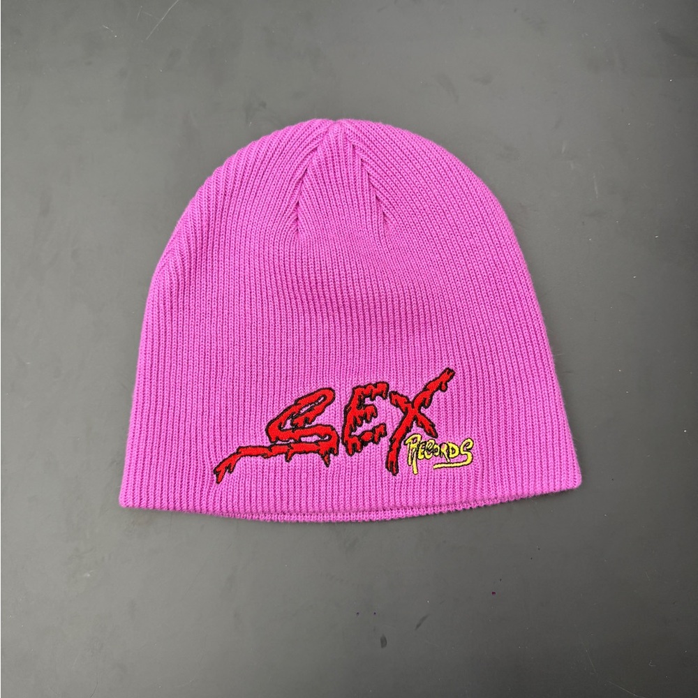Bright Pink Knit Beanie Hat with Graphic Patch